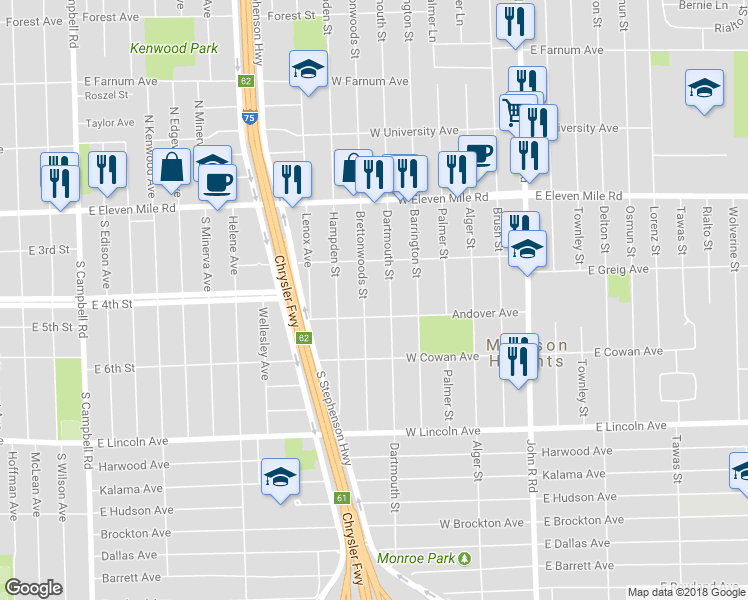 map of restaurants, bars, coffee shops, grocery stores, and more near 26536 Brettonwoods Street in Madison Heights