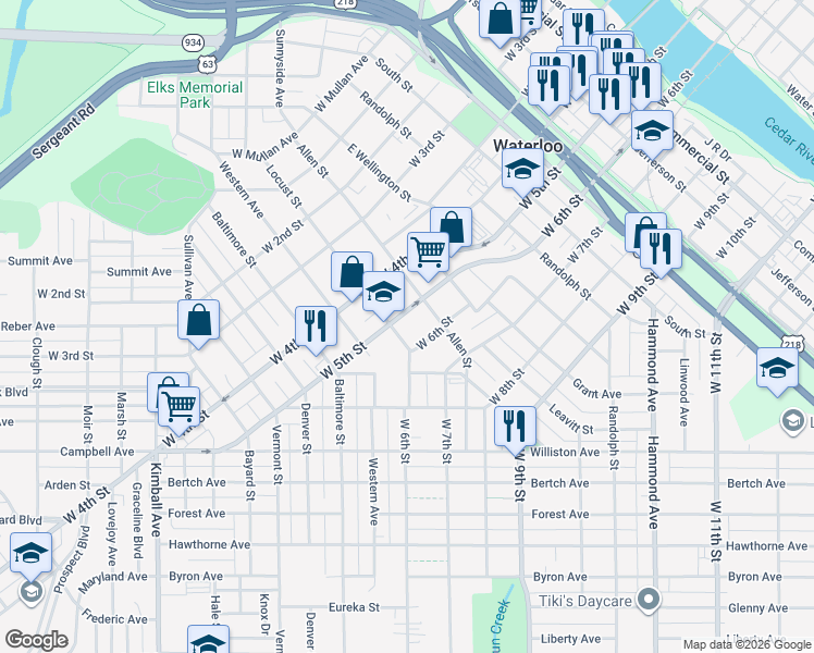 map of restaurants, bars, coffee shops, grocery stores, and more near 705 Locust Street in Waterloo