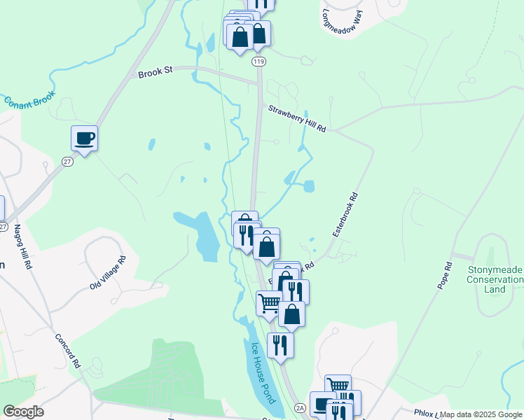 map of restaurants, bars, coffee shops, grocery stores, and more near 187 Massachusetts 119 in Acton