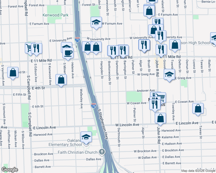 map of restaurants, bars, coffee shops, grocery stores, and more near 26536 Brettonwoods Street in Madison Heights