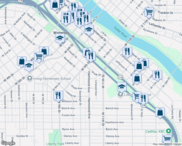 map of restaurants, bars, coffee shops, grocery stores, and more near 205 Hammond Avenue in Waterloo