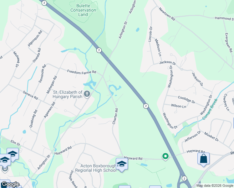 map of restaurants, bars, coffee shops, grocery stores, and more near 93 Charter Road in Acton