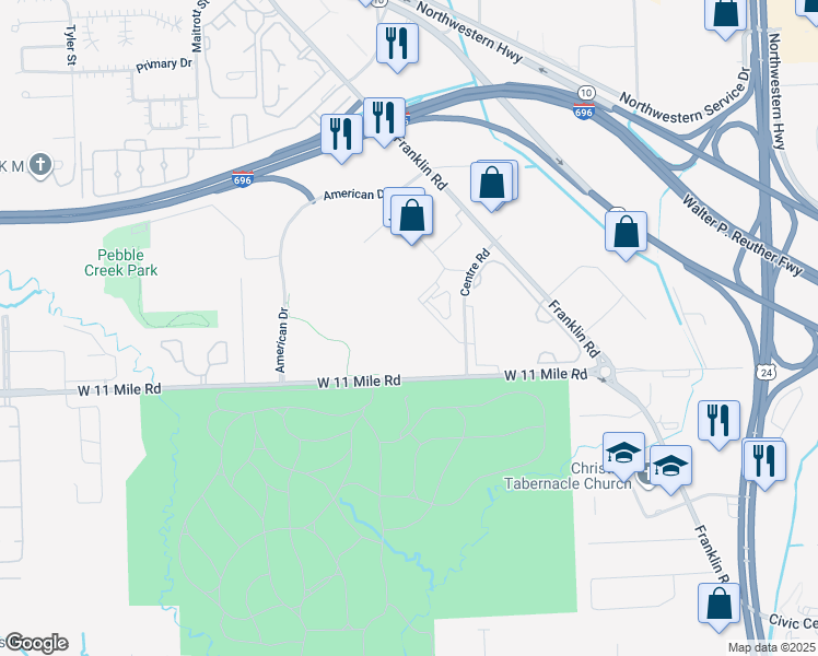 map of restaurants, bars, coffee shops, grocery stores, and more near 25800 West 11 Mile Road in Southfield