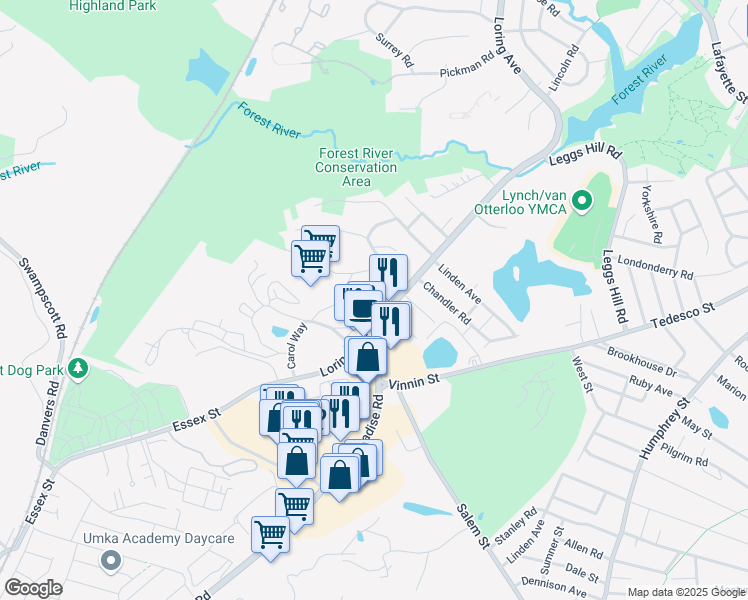 map of restaurants, bars, coffee shops, grocery stores, and more near 4 Cedar Avenue in Salem