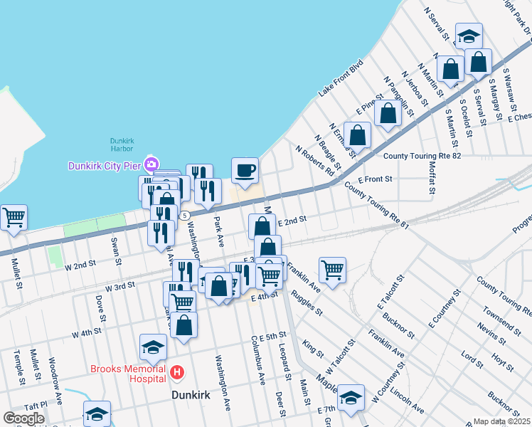 map of restaurants, bars, coffee shops, grocery stores, and more near 113 Main Street in Dunkirk