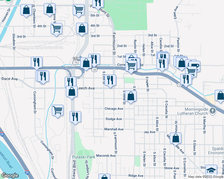 map of restaurants, bars, coffee shops, grocery stores, and more near 401 South Fairmount Street in Sioux City