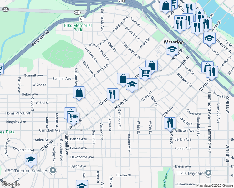 map of restaurants, bars, coffee shops, grocery stores, and more near 1109 West 4th Street in Waterloo