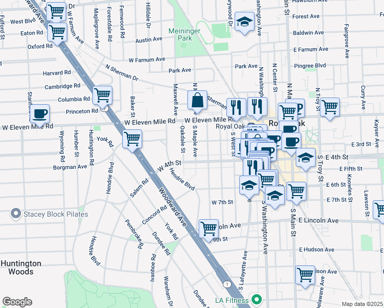 map of restaurants, bars, coffee shops, grocery stores, and more near 324 South Maple Avenue in Royal Oak