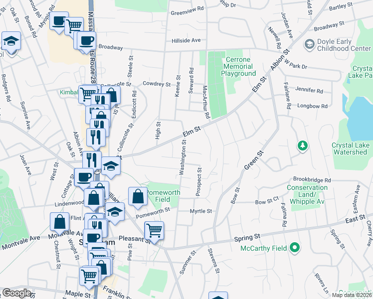 map of restaurants, bars, coffee shops, grocery stores, and more near 2 Vera Lane in Stoneham