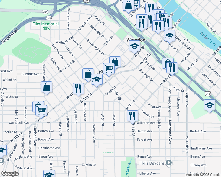 map of restaurants, bars, coffee shops, grocery stores, and more near 726 Allen Street in Waterloo