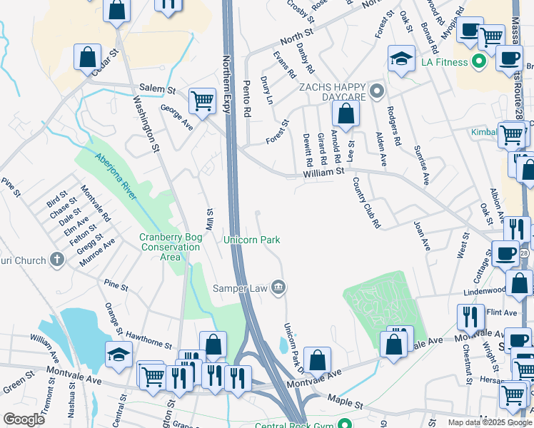 map of restaurants, bars, coffee shops, grocery stores, and more near 500 Unicorn Park Drive in Woburn