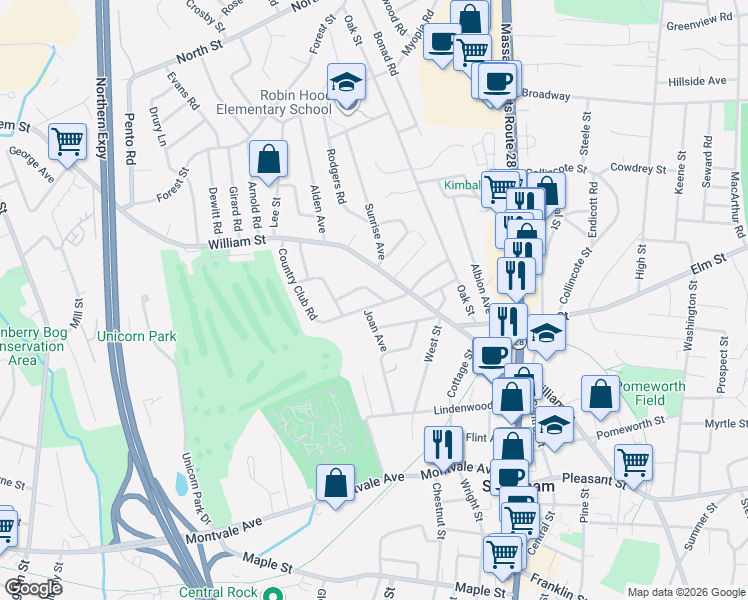 map of restaurants, bars, coffee shops, grocery stores, and more near 8 Country Club Road in Stoneham