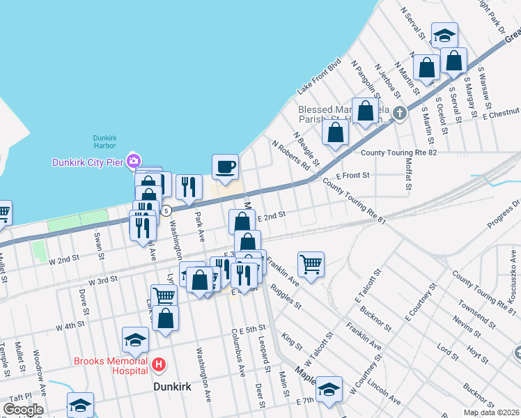 map of restaurants, bars, coffee shops, grocery stores, and more near 85 East 2nd Street in Dunkirk