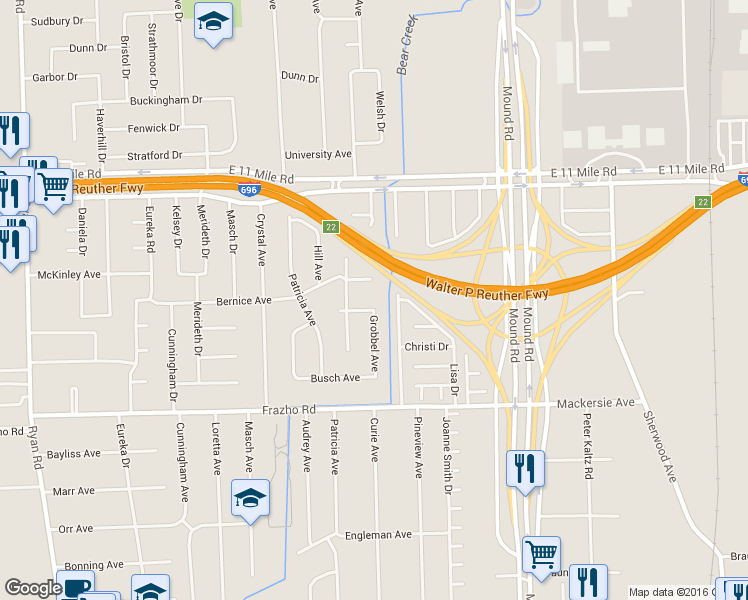 map of restaurants, bars, coffee shops, grocery stores, and more near 5253 Andriths Avenue in Warren