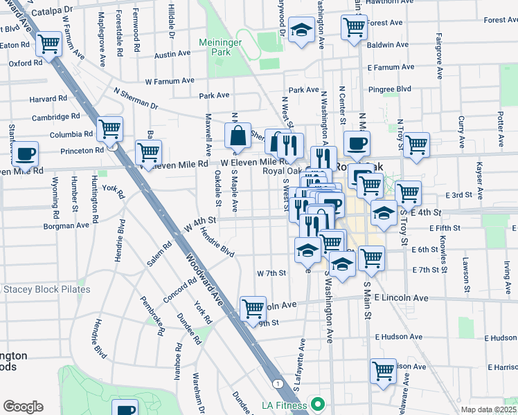 map of restaurants, bars, coffee shops, grocery stores, and more near 325 South Pleasant Street in Royal Oak