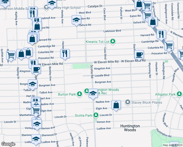 map of restaurants, bars, coffee shops, grocery stores, and more near 12702 Lasalle Lane in Huntington Woods