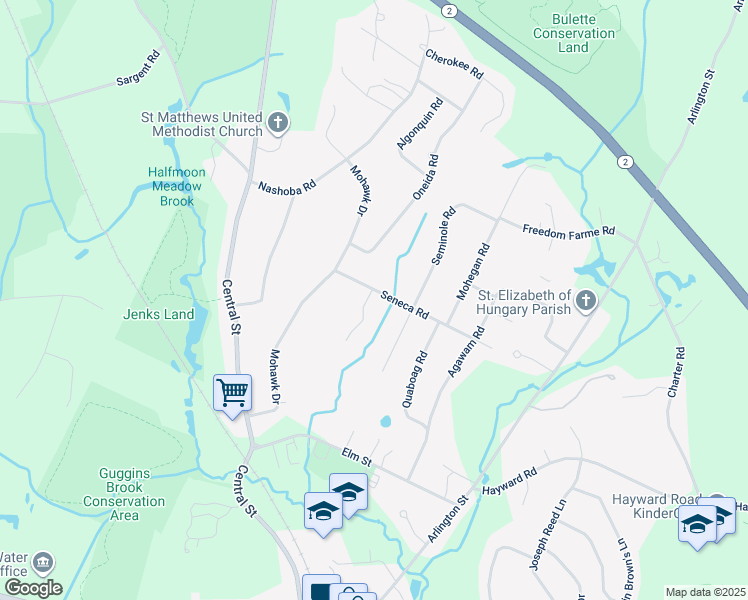 map of restaurants, bars, coffee shops, grocery stores, and more near 7 Seneca Road in Acton