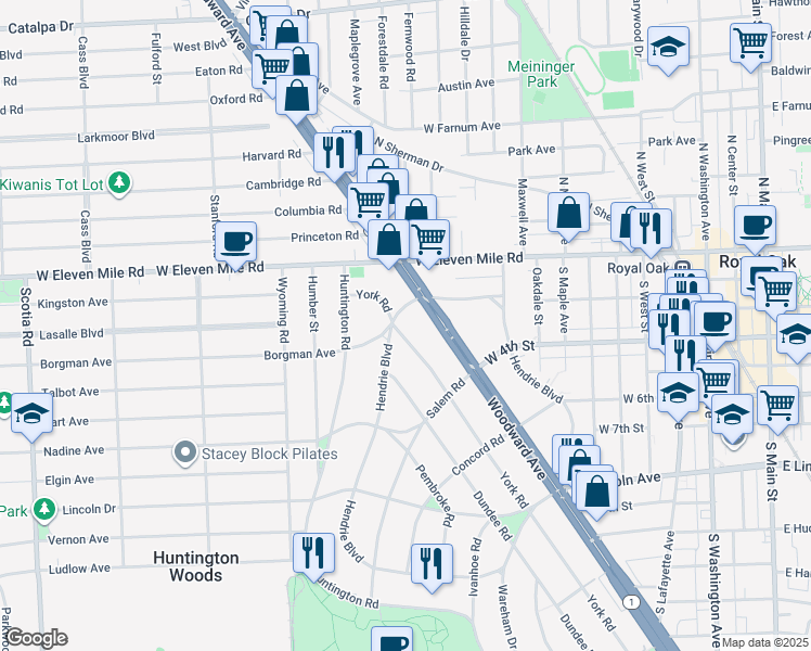 map of restaurants, bars, coffee shops, grocery stores, and more near 26764 York Road in Huntington Woods