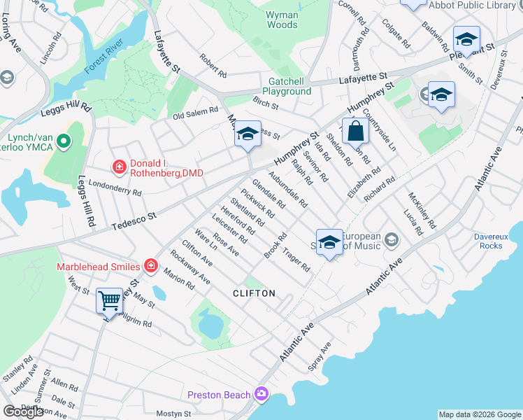 map of restaurants, bars, coffee shops, grocery stores, and more near 18 Pickwick Road in Marblehead