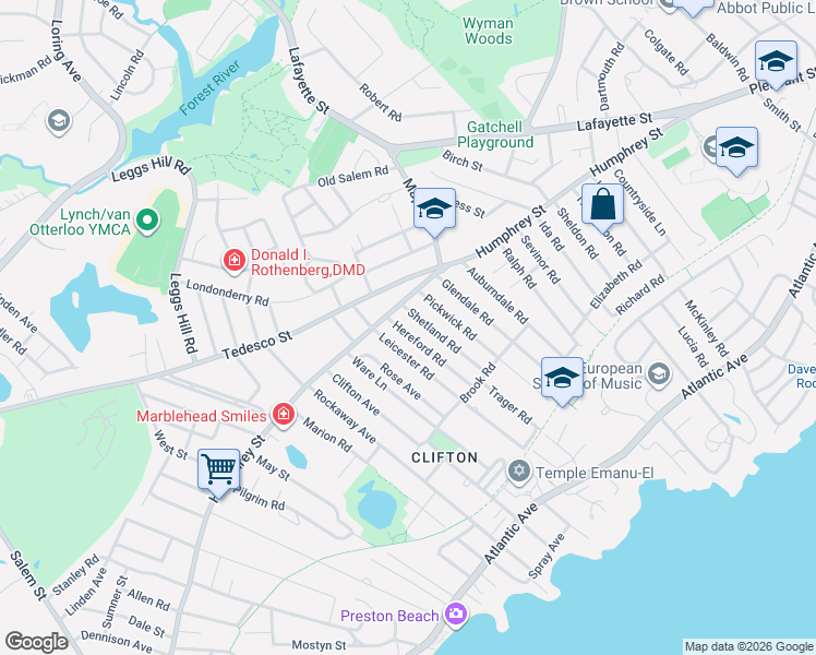 map of restaurants, bars, coffee shops, grocery stores, and more near 12 Hereford Road in Marblehead