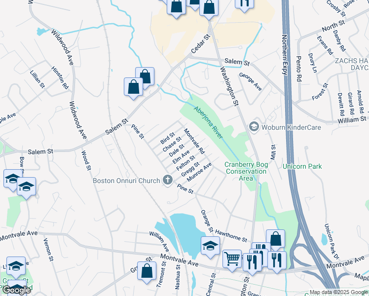 map of restaurants, bars, coffee shops, grocery stores, and more near 14 Elm Avenue in Woburn