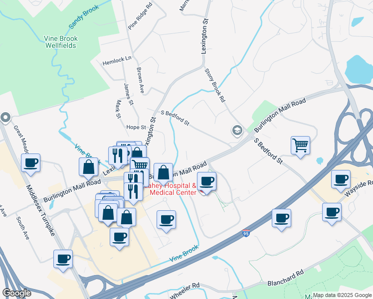 map of restaurants, bars, coffee shops, grocery stores, and more near 42 Burlington Mall Road in Burlington