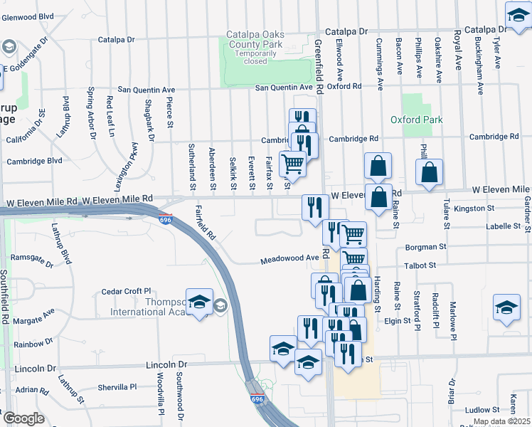 map of restaurants, bars, coffee shops, grocery stores, and more near 15901 West Eleven Mile Road in Southfield