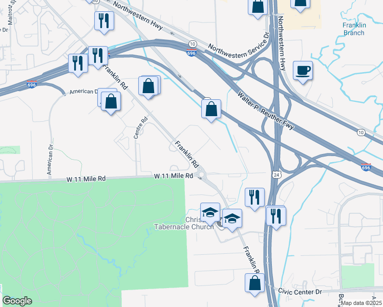 map of restaurants, bars, coffee shops, grocery stores, and more near in Southfield