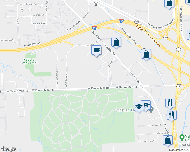 map of restaurants, bars, coffee shops, grocery stores, and more near 25800 West Eleven Mile Road in Southfield