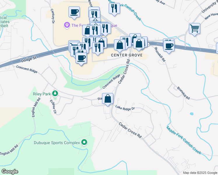 map of restaurants, bars, coffee shops, grocery stores, and more near 3376 Crescent Ridge in Dubuque