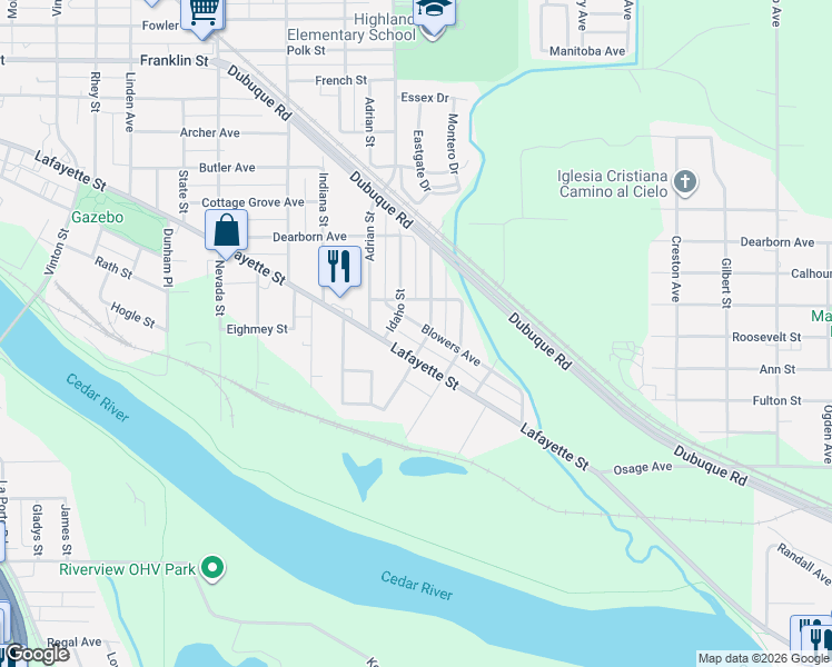 map of restaurants, bars, coffee shops, grocery stores, and more near 222 Blowers Avenue in Waterloo