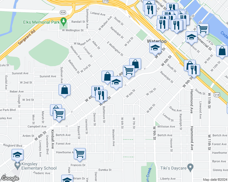 map of restaurants, bars, coffee shops, grocery stores, and more near 1120 West 5th Street in Waterloo