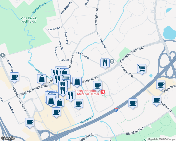 map of restaurants, bars, coffee shops, grocery stores, and more near 42 Burlington Mall Road in Burlington