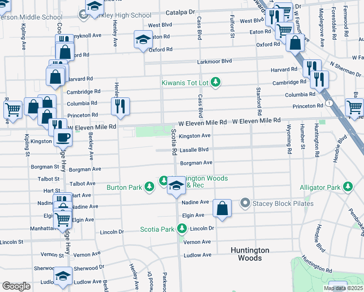 map of restaurants, bars, coffee shops, grocery stores, and more near 12702 Lasalle Lane in Huntington Woods