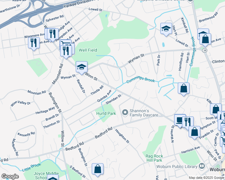 map of restaurants, bars, coffee shops, grocery stores, and more near 41 Quimby Avenue in Woburn