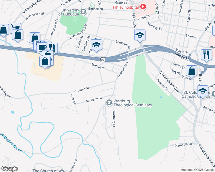map of restaurants, bars, coffee shops, grocery stores, and more near 1940 Coates Street in Dubuque