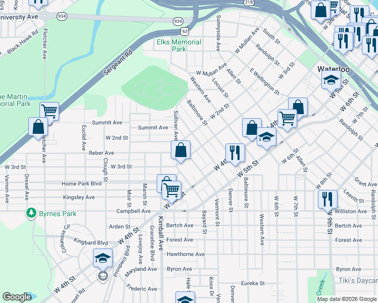 map of restaurants, bars, coffee shops, grocery stores, and more near 1326 West 3rd Street in Waterloo