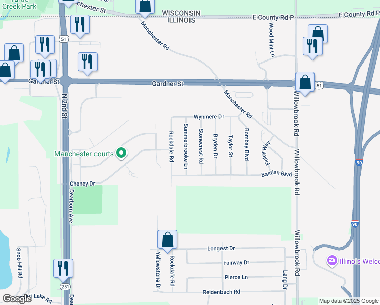 map of restaurants, bars, coffee shops, grocery stores, and more near 15561 Summerbrooke Lane in South Beloit