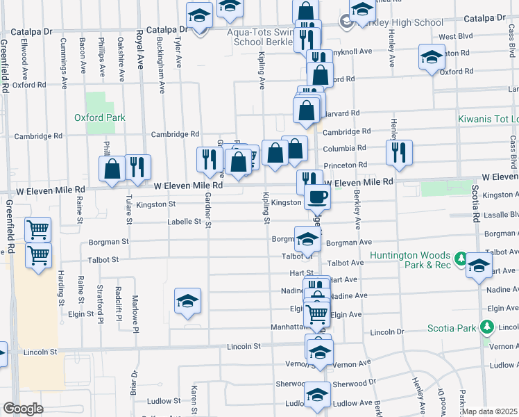 map of restaurants, bars, coffee shops, grocery stores, and more near 14021 Kingston Street in Oak Park