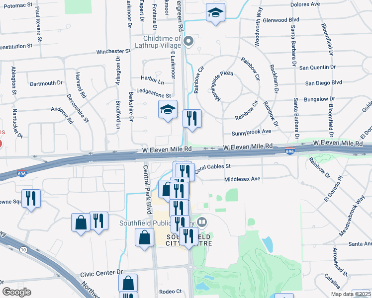 map of restaurants, bars, coffee shops, grocery stores, and more near 11 Mile Rd & Evergreen Rd in Southfield