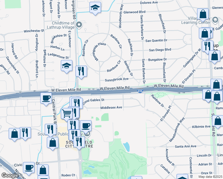 map of restaurants, bars, coffee shops, grocery stores, and more near 19451 West Eleven Mile Road in Southfield