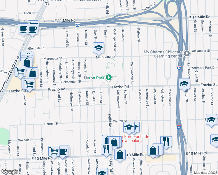 map of restaurants, bars, coffee shops, grocery stores, and more near Kelly Rd & Frazho Rd in Roseville