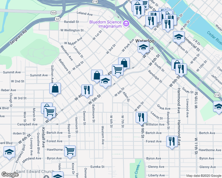 map of restaurants, bars, coffee shops, grocery stores, and more near 705 Locust Street in Waterloo