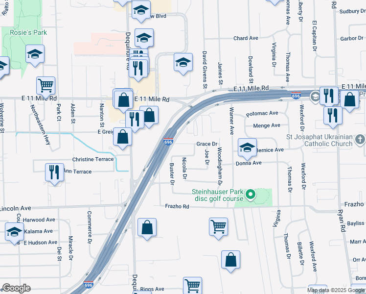 map of restaurants, bars, coffee shops, grocery stores, and more near 2402 Grace Drive in Warren