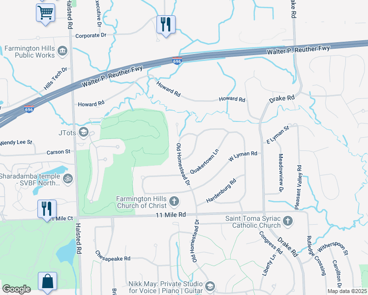 map of restaurants, bars, coffee shops, grocery stores, and more near 26454 Old Homestead Drive in Farmington Hills
