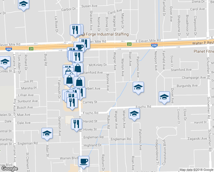 map of restaurants, bars, coffee shops, grocery stores, and more near 11961 Herbert Avenue in Warren