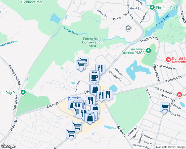 map of restaurants, bars, coffee shops, grocery stores, and more near 4 Cedar Avenue in Salem