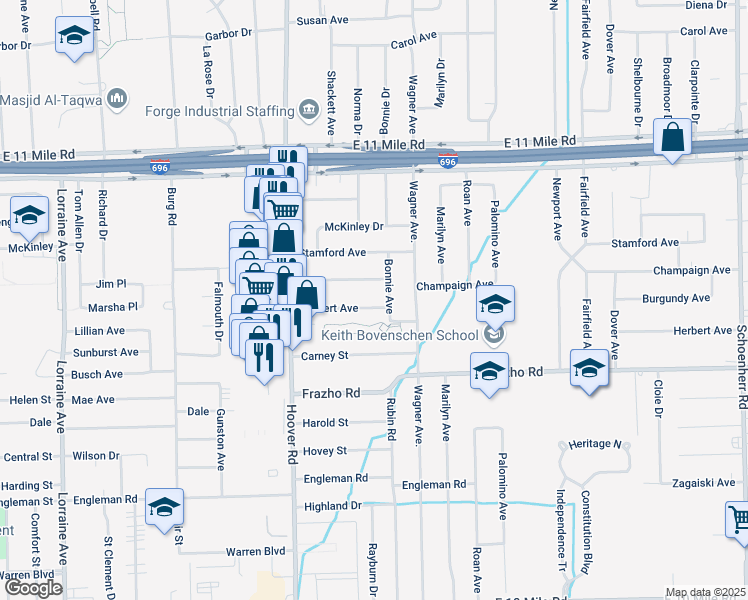 map of restaurants, bars, coffee shops, grocery stores, and more near 11961 Herbert Avenue in Warren