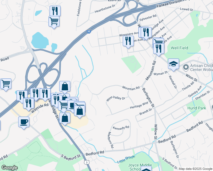 map of restaurants, bars, coffee shops, grocery stores, and more near 53 Mountain Road in Burlington