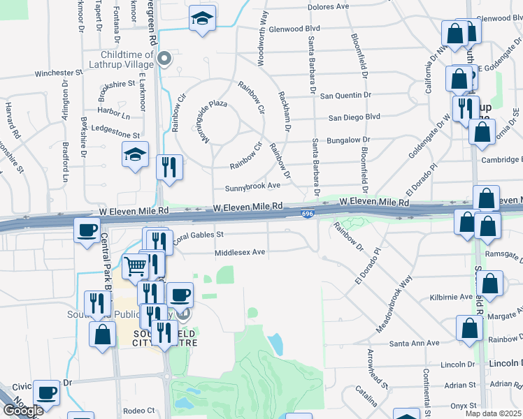 map of restaurants, bars, coffee shops, grocery stores, and more near 19335 West Eleven Mile Road in Southfield